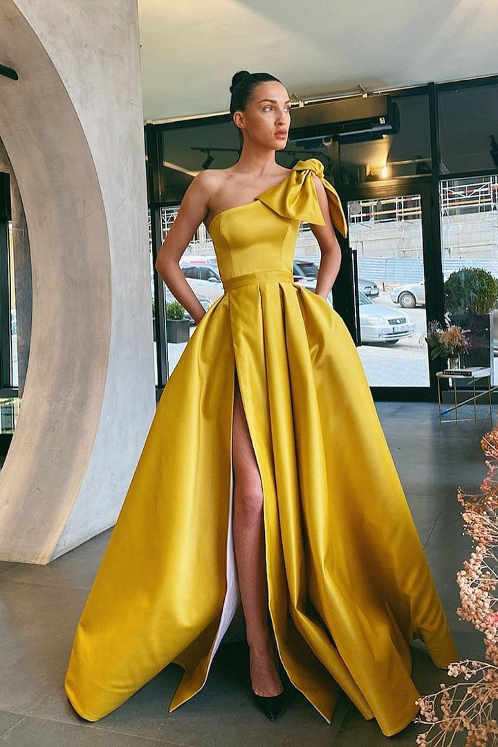 Yellow One-Shoulder Prom Dress With Split and Pockets