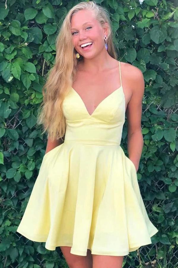 Yellow Satin Spaghetti Straps Homecoming Dress With Pockets