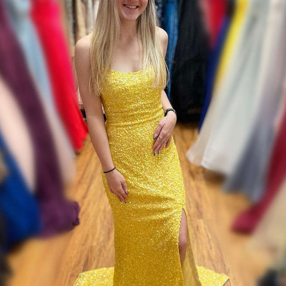 Yellow Sequins Mermaid Backless Long Prom Dresses with High Slit, Mermaid Yellow Sequins Formal Graduation Evening Dresses 