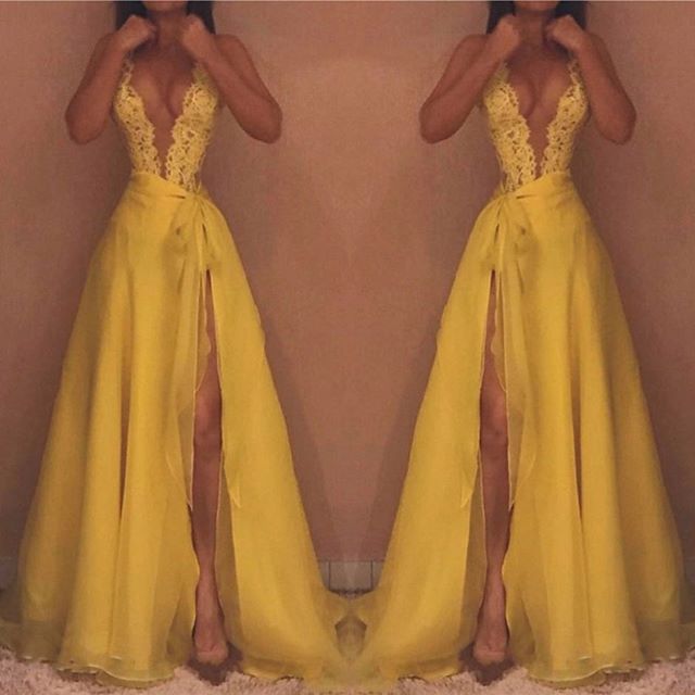 
                      
                        Yellow V-Neck Sleeveless Evening Dress | Lace Prom Dress With Split
                      
                    