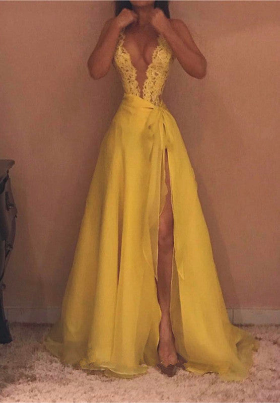 
                      
                        Yellow V-Neck Sleeveless Evening Dress | Lace Prom Dress With Split
                      
                    