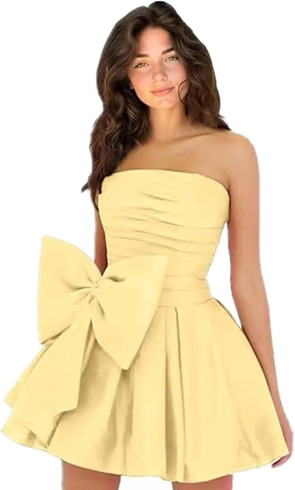 
                      
                        Sleeveless Ruched Short Homecoming Dresses Simple Mini Party Wear Dress with Bow
                      
                    