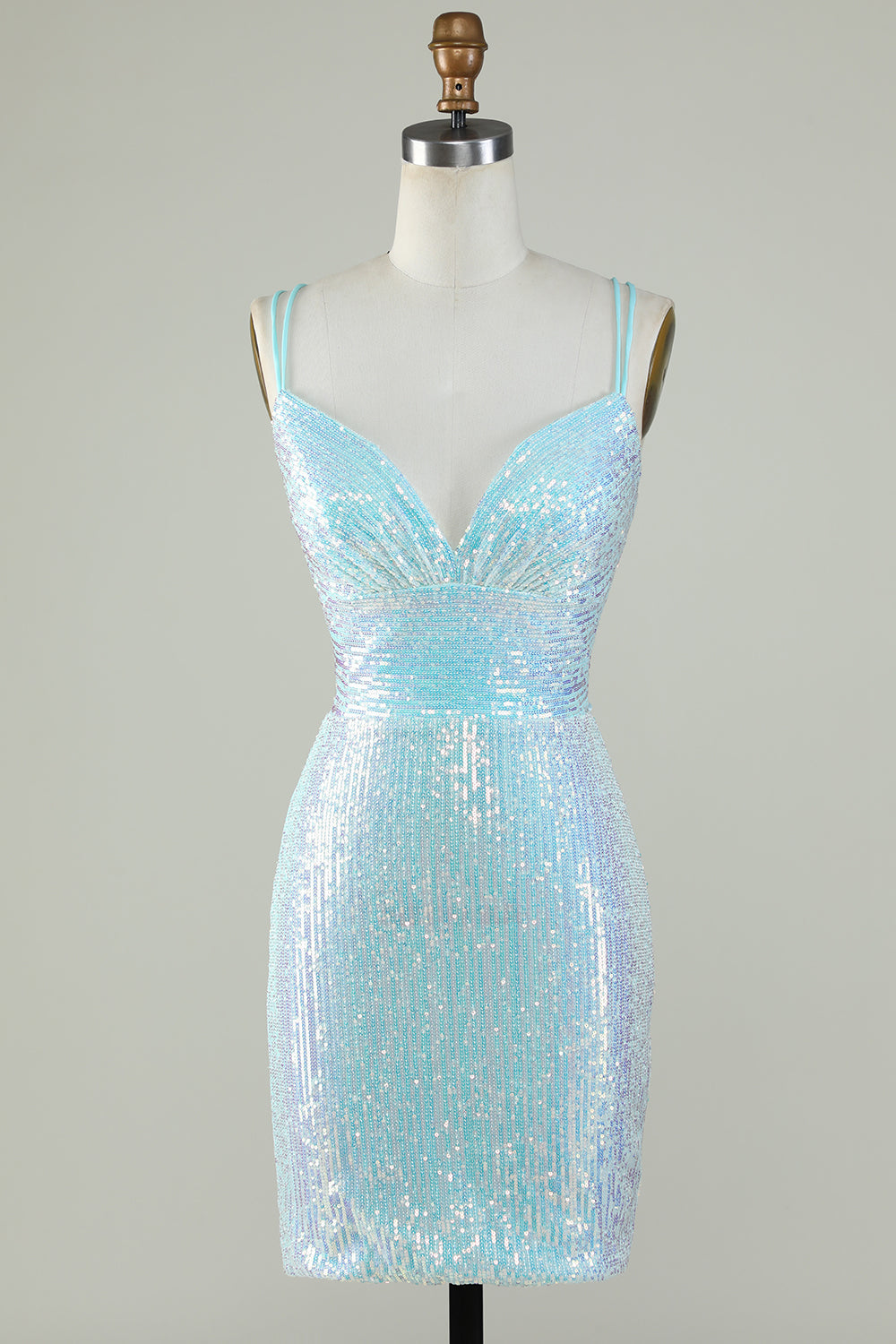 Light Blue Sparkly Sequin Sheath Spaghetti Strap Short Homecoming Dress with Criss Cross Back