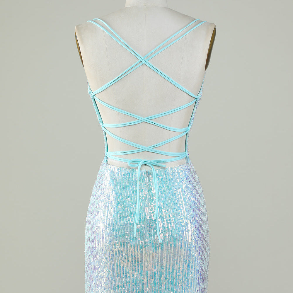 
                      
                        Light Blue Sparkly Sequin Sheath Spaghetti Strap Short Homecoming Dress with Criss Cross Back
                      
                    