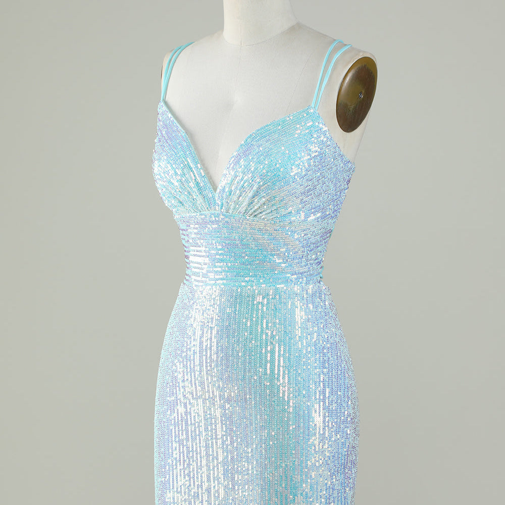 
                      
                        Light Blue Sparkly Sequin Sheath Spaghetti Strap Short Homecoming Dress with Criss Cross Back
                      
                    