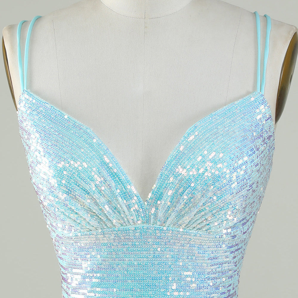 
                      
                        Light Blue Sparkly Sequin Sheath Spaghetti Strap Short Homecoming Dress with Criss Cross Back
                      
                    