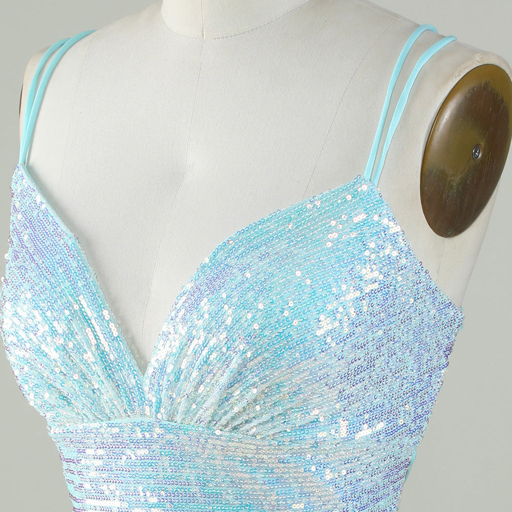 
                      
                        Light Blue Sparkly Sequin Sheath Spaghetti Strap Short Homecoming Dress with Criss Cross Back
                      
                    