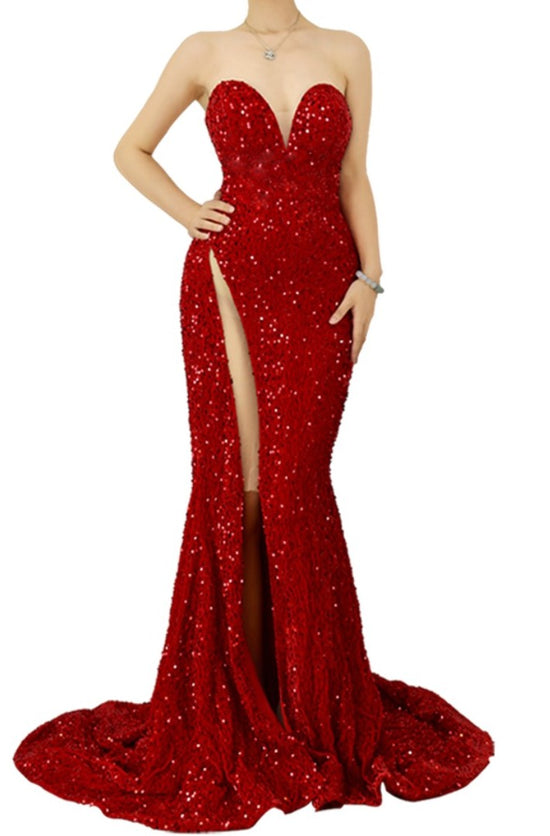 Sweetheart Red Sequins Prom Dress with High Slit Sleeveless